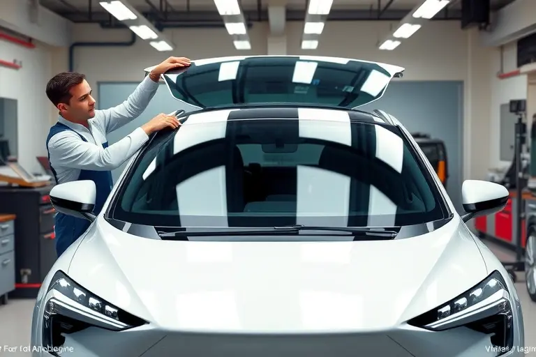 A skilled technician carefully replaces the windshield of a modern VinFast VF6 electric SUV (2023 model) in a clean, well-lit automotive workshop. The focus is on the car's sleek front end with the old glass being removed and a new, pristine windshield being installed, showing the vehicle's distinctive design lines and futuristic aesthetic. The scene emphasizes precision tools, safety equipment, and a professional atmosphere, without any text, logos, or numeric markings.