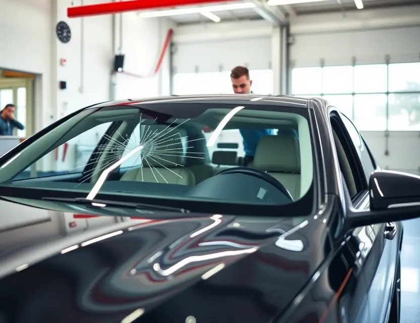 A high-quality, realistic image of a luxury sedan with a cracked windshield being replaced by a professional technician in a clean auto glass repair shop, bright lighting, focus on the new glass installation, no text or logos on the glass, no people's faces visible