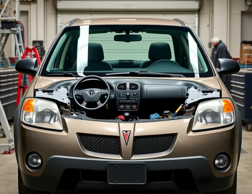 A high-quality, realistic photograph of a 2000-2007 Pontiac Aztek (often confused with Avanti in some regions) with its front windshield removed, exposing the empty frame and dashboard interior. The car is parked in a well-lit auto body shop or garage with tools and safety equipment visible in the background. The image focuses on the vehicle's front end, highlighting the area where the glass is missing, with no text or logos visible on the car or background.