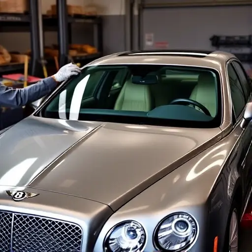 A realistic depiction of a Bentley Flying Spur 4.0 L V8 550 hp with a newly installed windshield. The scene shows a skilled mechanic in a garage setting, wearing gloves and a protective jacket, carefully placing a new glass panel onto the car’s front. The car is positioned on a lift or a workbench, with a clear view of the windshield’s smooth, reflective surface. The background includes subtle workshop details such as tools, a workbench, and a hint of a garage environment, all rendered in a high-quality, detailed style.