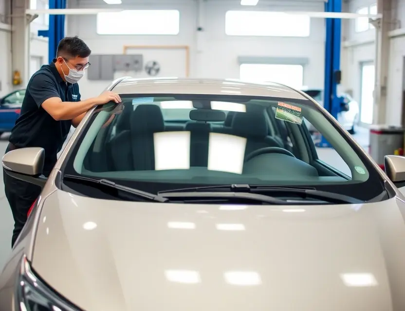 A Toyota Corolla with a new windshield being installed by a professional technician in a well-lit auto repair shop, showing the precise removal of the old windshield and placement of the new one, no people other than the technician, clean and modern workshop environment