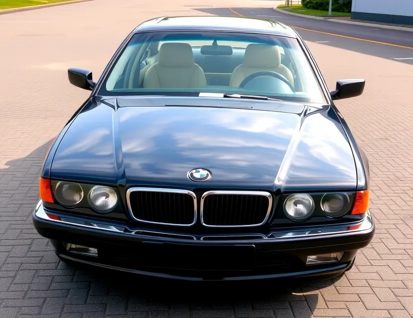 A high-quality image depicting a BMW 7er (E38) with a replaced windshield. The windshield is clear and new, seamlessly integrated with the existing frame. The car is parked outdoors on a clean, paved surface. Focus on the detail of the windshield replacement and the overall condition of the vehicle.