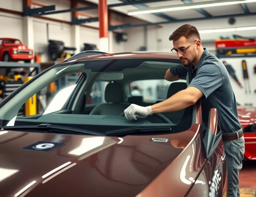 A professional auto repair scene where a technician is carefully replacing the windshield of an Eagle Summit car. The car should be in a well-lit garage with various auto repair tools and equipment in the background. The technician should be wearing safety gear, such as gloves and goggles, and the new windshield should be in place, with the technician ensuring it is properly aligned and secured.