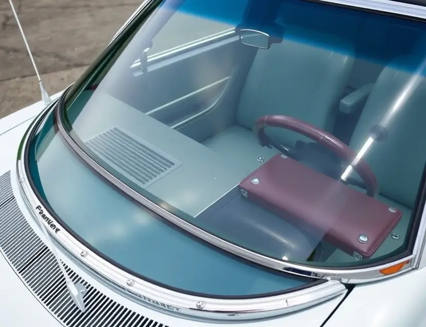 A close-up shot of a Studebaker Avanti with a replaced windshield. The windshield is clear and new, seamlessly integrated with the car's design. The car is parked on a clean, well-lit surface. Focus on the replacement and the car's details.