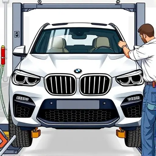 A detailed illustration of a mechanic replacing the front windshield of a 2019 BMW X3M 3.0L 480hp (F97). The scene shows the car on a lift, the old windshield removed, the new glass being fitted, with tools and a safety harness. The focus is on the car's front, the windshield area, and the mechanic's hands.