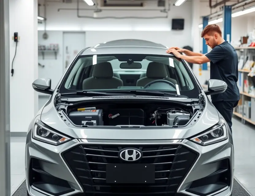 A high-quality realistic image showing a Baojun 630 sedan in a professional auto repair shop with its front windshield removed, exposing the frame, while a new windshield is being prepared for installation by a mechanic, clean workshop environment, bright lighting, detailed car body, no text or logos