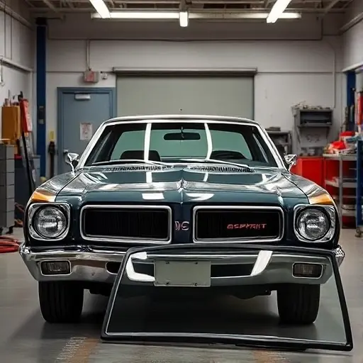 A vintage AMC Spirit sedan parked in a well-lit auto repair shop with its front windshield removed, showing the empty frame and a new glass panel resting nearby on a workbench, clean automotive setting, realistic lighting, high detail, no people