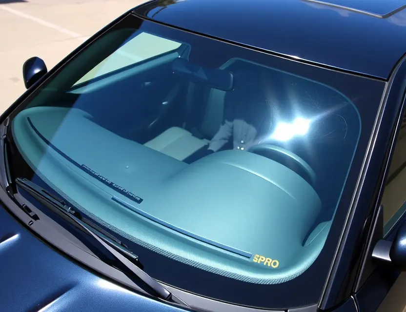 A high-quality image depicting a Dodge Charger with a replaced windshield. The windshield is clear and new, seamlessly integrated with the existing frame. The car is parked outdoors on a sunny day, showcasing the replacement. Focus on the detail of the new windshield and its fit.