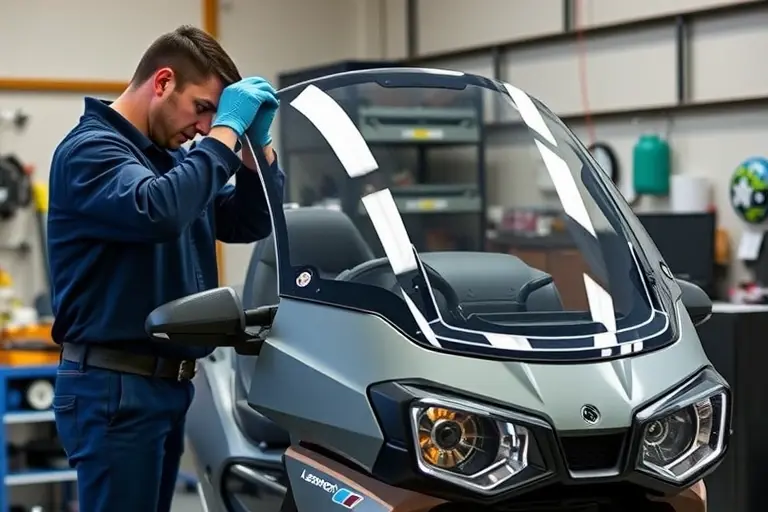 A realistic workshop scene showing a mechanic replacing the windshield of a Leapmotor C11 EREV 1.2T, with the electric motor 21 visible, no text or labels