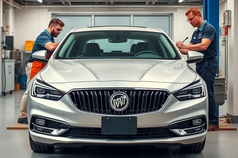 A professional auto repair garage scene showing a Buick LaCrosse eAssist 2.4 L 182 hp with its front windshield being carefully removed and a new windshield being installed. Include a mechanic in work overalls using appropriate tools, a clean workshop background, and realistic lighting that highlights the car's front end and the glass replacement process.