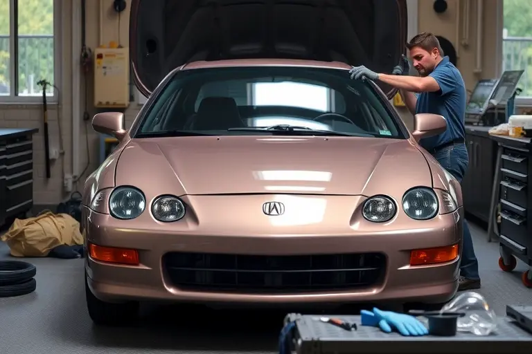 A detailed scene of an Acura Integra (1994-2000 model) in a garage, showing a mechanic carefully removing the old windshield and installing a new one. The car is positioned centrally, with the hood open, a clean workbench with tools like a suction cup, gloves, and a windshield removal tool visible. The focus is on the car's front, the windshield frame, and the replacement process, with realistic lighting and a professional automotive workshop atmosphere.