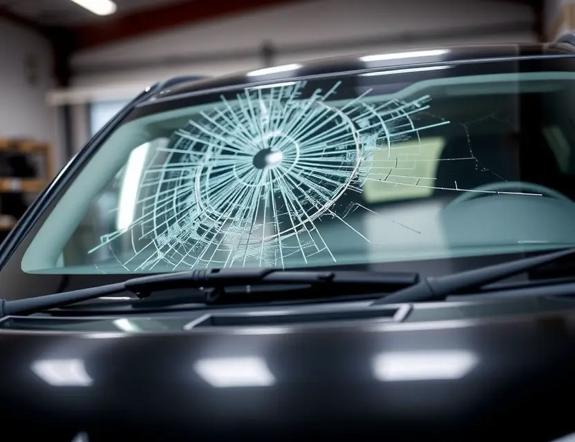 A close-up shot of a Mitsubishi vehicle with a cracked windshield, showing the damage clearly. The background should be a slightly blurred garage or workshop setting.