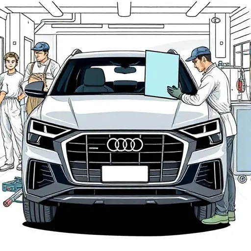 A realistic illustration of a mechanic replacing the front windshield of an Audi Q8 3.0 V6 TFSI 340 hp, showing the car's front profile, the technician in protective gear, the new glass panel, and the tools used, in an automotive workshop setting