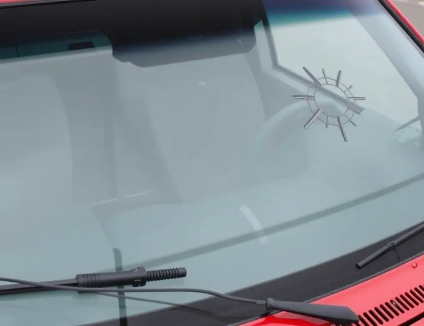 A close-up shot of a Canoo Pickup Truck with a replaced windshield. The windshield is clear and undamaged, contrasting with the older, cracked windshield that has been removed. The truck is parked on a clean, paved surface. Focus on the replacement windshield and the truck's details.