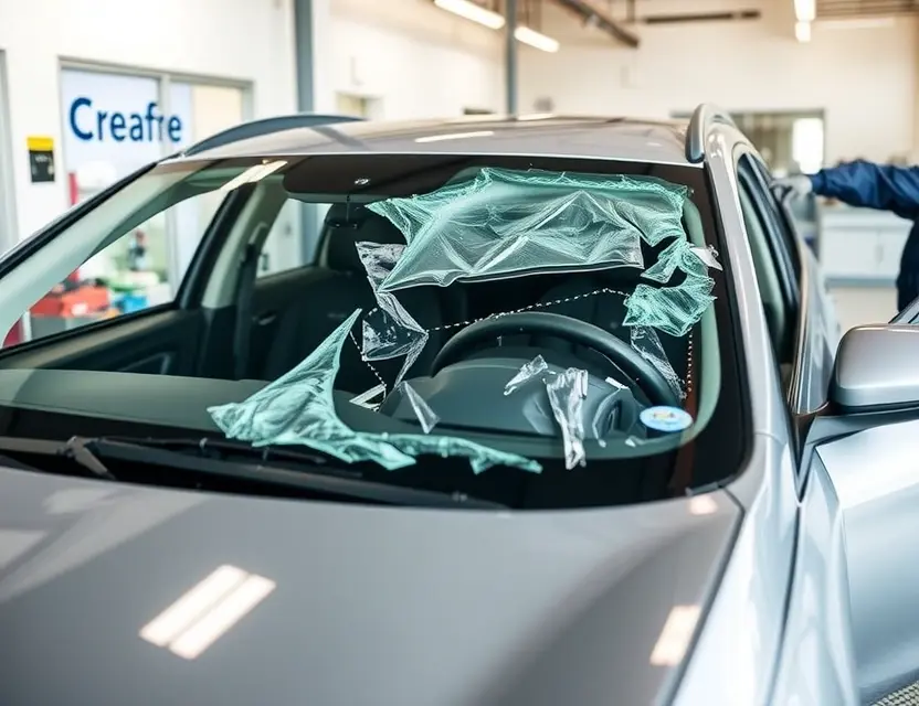 A car with a damaged front windshield being replaced by a technician in a professional auto service center, clean and well-lit environment, focus on the windshield replacement process, no text or logos
