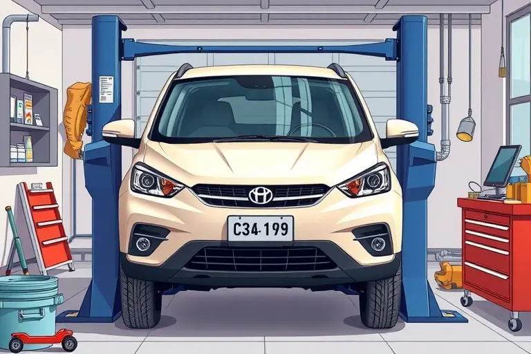 A realistic illustration of a mechanic replacing the windshield of a Changan CS35 Plus 1.4 Turbo 158 hp car in a garage setting. The car is positioned on a lift with the old windshield removed, and a new windshield is being installed. Tools, safety gear, and a workbench are visible, emphasizing the mechanical process and the vehicle's front profile.