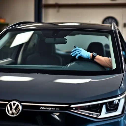 A Volkswagen ID.4 electric SUV with its front windshield partially removed, a mechanic wearing protective gloves and a mask using suction cup tools to replace the glass, garage setting with subtle lighting and realistic reflections on the glass surface, emphasizing the windshield replacement process