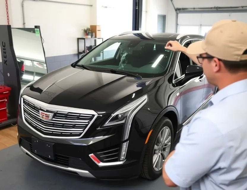 A Cadillac XT6 with a cracked windshield being replaced by a technician. The car is parked on a service lift in an auto repair shop. Focus on the replacement process, showing the new windshield being installed.