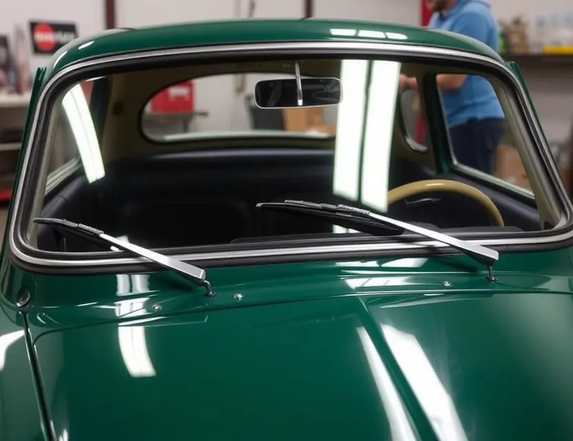 A Panhard-Levassor vehicle with a replaced windshield. The focus should be on the windshield replacement process, showing the new windshield installed and sealed. The vehicle should be in a workshop or garage setting.