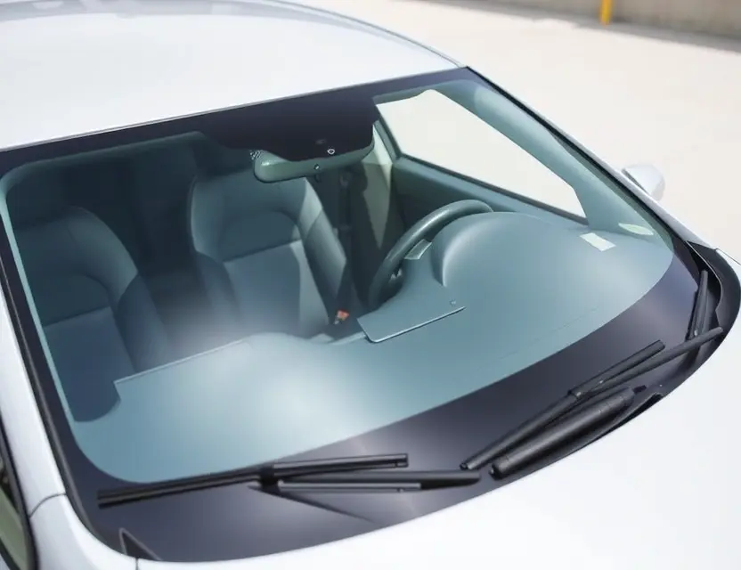 A Geometry C car with a replaced windshield, showing the new windshield installed. The car is parked on a clean, bright surface. Focus on the clarity and visibility of the new windshield.
