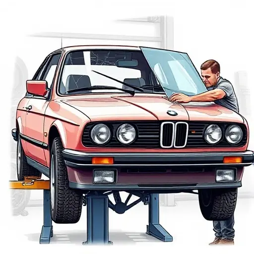A detailed, realistic illustration of a mechanic replacing the windshield on a BMW 3er E30 (model years 1987–1991). The scene shows the car on a lift or jack, the old cracked windshield removed, a new clear glass panel being fitted into the frame, with tools such as a suction cup, a glass cutter, and a sealant gun visible. The background is a workshop setting with subtle lighting, emphasizing the precision of the replacement process.