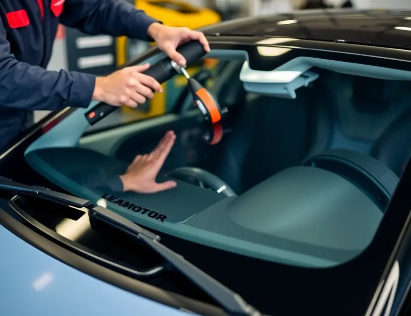 A close-up shot of a Leapmotor C11 car windshield being replaced by a technician. The focus should be on the replacement process, showing tools and the new windshield. The car should be parked in a garage or workshop setting.