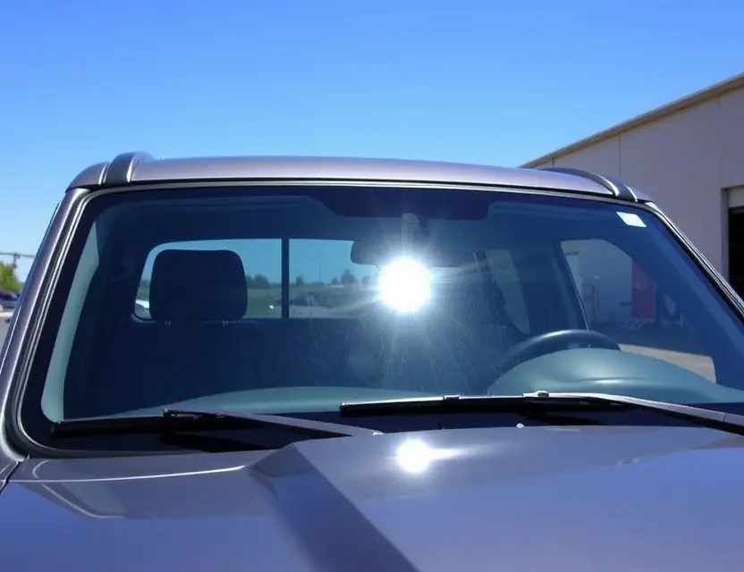A Rivian R1T pickup truck with a replaced windshield, showcasing the new glass. The truck is parked outdoors on a sunny day, with a clear blue sky in the background. Focus on the clarity and quality of the replacement windshield.