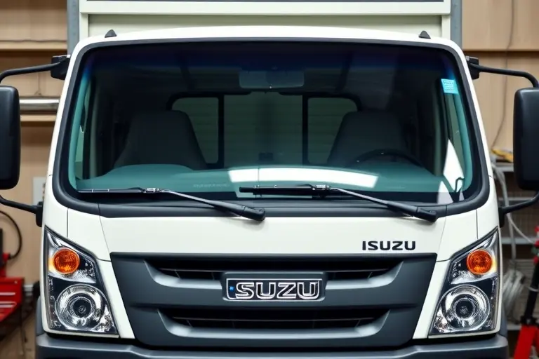 A mechanic replacing the windshield on an Isuzu D Max 1.9 Turbo diesel truck, showing the truck's front, the new windshield, tools, and the process of removal and installation