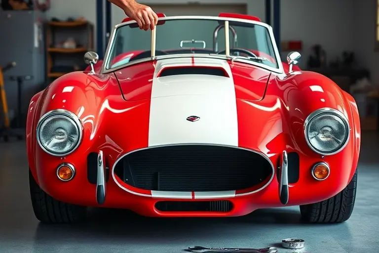 A classic 1962-1963 AC Cobra MkI with its distinctive low-slung body, shown from the front in a workshop. The front windshield is being removed, with a mechanic's hands holding the glass and a set of vintage tools (wrenches, suction cups) nearby. The car's iconic red paint and white racing stripes are visible, along with the sleek, curved hood and the iconic Cobra grille. The background is a clean garage environment with subtle lighting, emphasizing the restoration process.