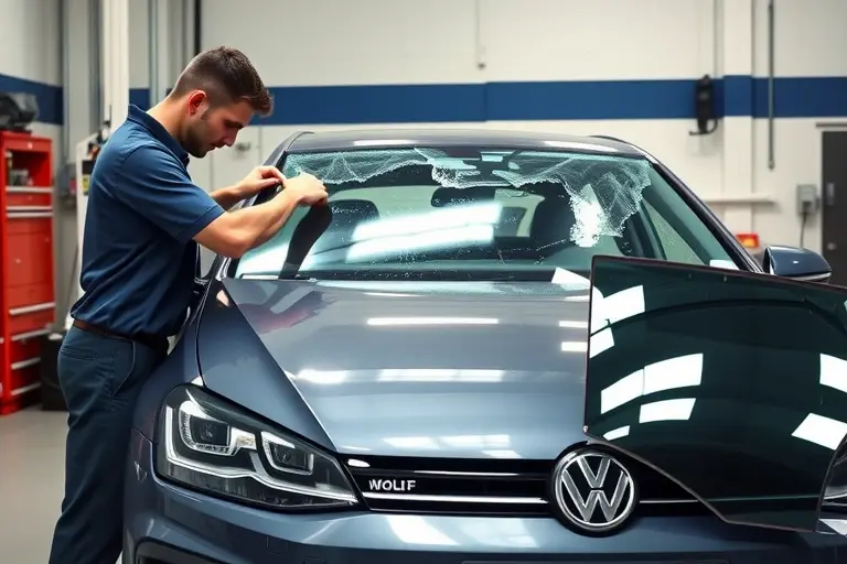A professional mechanic in a clean auto repair shop carefully removing the damaged windshield from a 2019 Volkswagen Golf 2.0 TDI 200 hp, with the car's front open, showing the frame and surrounding area. The scene includes typical garage tools like suction cups, a windshield removal tool, and a new windshield positioned nearby on a workbench. The lighting is bright and realistic, emphasizing the details of the car's body and the replacement process.