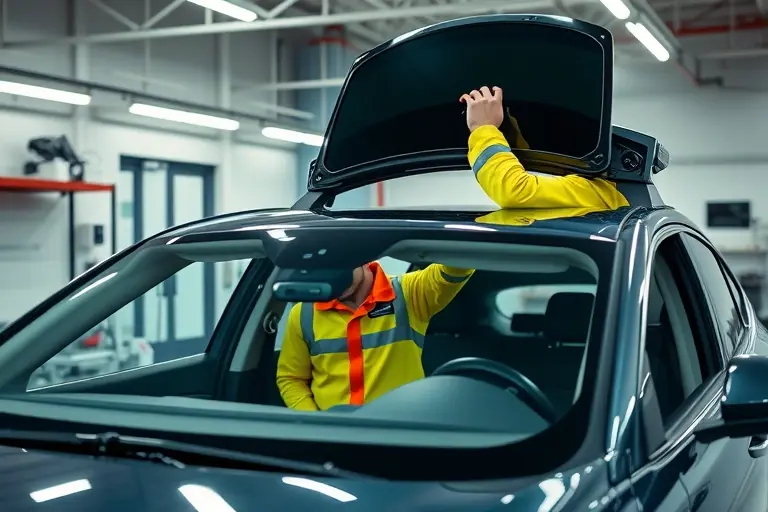A VinFast VF8 electric SUV (2022 model) in a modern auto repair garage, with a technician in safety gear carefully removing the old windshield and installing a new one; tools, glass panels, and the car's interior visible, realistic lighting and focus on the windshield replacement process, no text or branding