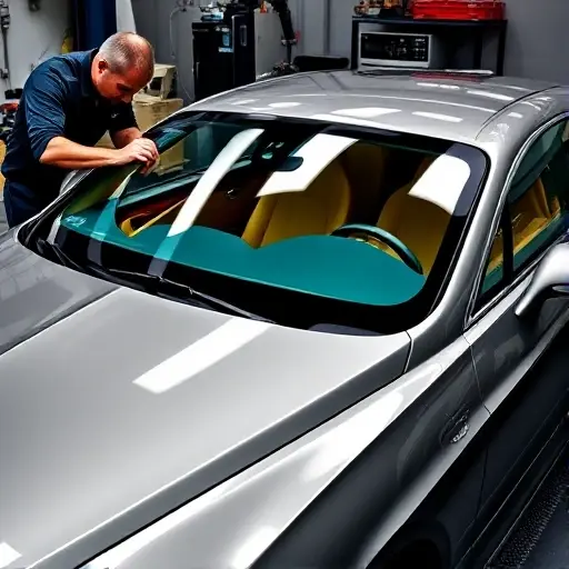 A detailed scene of a mechanic replacing the windshield of a Bentley Continental GT 6.0 L W12 635 hp, showing the car's sleek body, the new glass panel, tools, and a garage environment, with focus on precision and luxury.