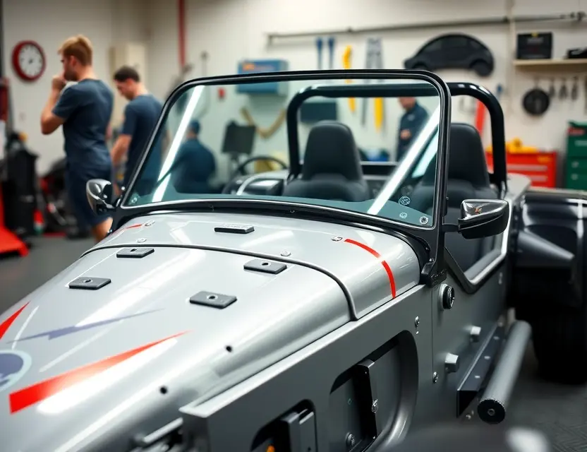 A high-quality close-up shot of a Caterham Seven 160 with its windshield being removed or installed, showing the bare aluminum chassis and the curved glass panel, set in a clean, well-lit professional automotive workshop environment with tools visible in the background, realistic lighting, sharp focus on the car body and glass, no text, no logos, no people