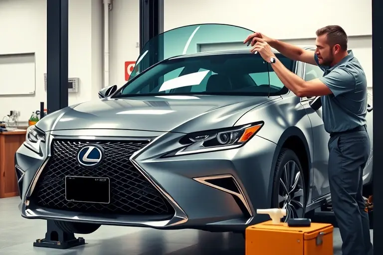 A detailed, realistic depiction of a mechanic replacing the windshield of a 2018 Lexus ES 2.5 Hybrid. The scene shows the car on a lift with the old glass removed, a new clear windshield being fitted, and tools such as a suction cup, a cleaning cloth, and a sealant dispenser. The background is a clean, organized auto repair shop with a subtle, neutral color palette. The focus is on the precision of the replacement process, highlighting the car’s sleek front fascia and the mechanic’s careful handling of the glass.