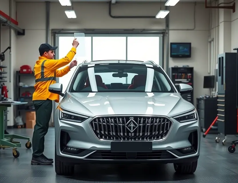 Замена лобового стекла Hongqi H9 A professional auto repair scene showing the replacement of the windshield on a Hongqi H9 luxury car. The image should depict a well-lit garage with a technician carefully removing the old windshield and preparing to install a new one. The car should be positioned in the center, with the technician wearing safety gear. The background should include various auto repair tools and equipment, emphasizing a clean and organized workspace.