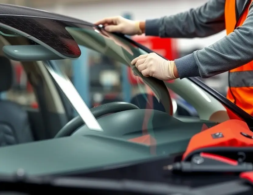 A close-up shot of a Beijing BJ20 car windshield being replaced by a mechanic. The mechanic is wearing gloves and a safety vest. The windshield replacement process is visible, showing the old windshield being removed and the new one being installed. The background is a garage setting with tools and equipment.