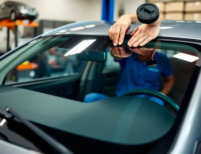 A close-up shot of a Chery Arrizo 8 windshield being replaced by a mechanic. The focus is on the replacement process, showing tools and the new windshield. The background should be a workshop environment.