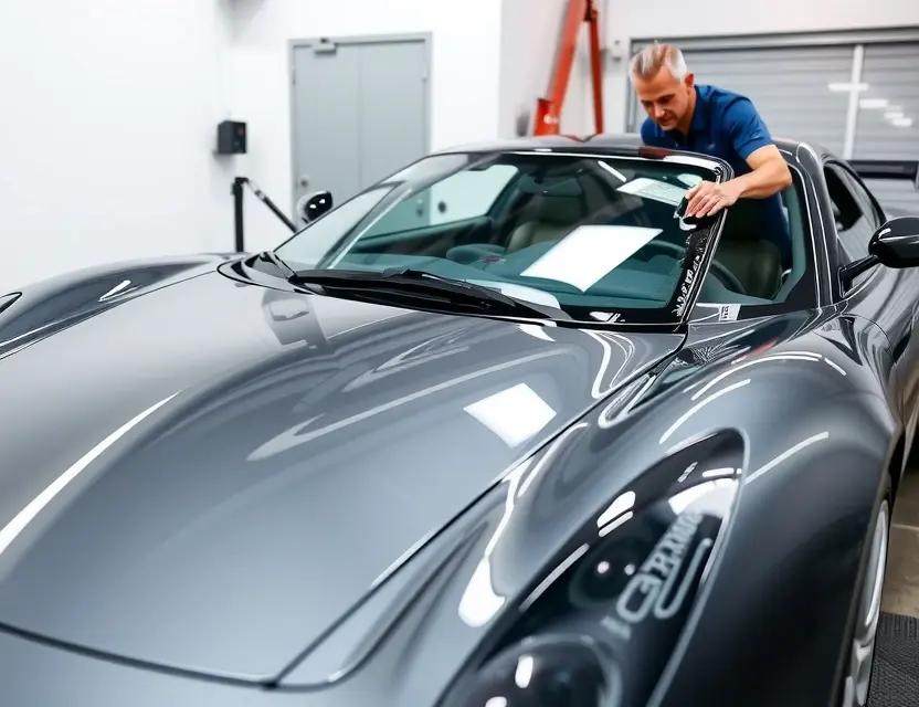 A luxury car, the AC 378 GT Zagato, with a damaged front windshield being carefully replaced by a professional technician in a clean, well-lit garage setting, showing focus on the precision of the replacement process, no text or logos visible