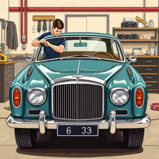 A detailed illustration of a Bentley T1 6.2 L V8 200 hp (1965-1977) windshield replacement, showing a mechanic carefully removing the old glass and installing a new one, with the car's iconic front grille, chrome trim, and classic design visible, set in a workshop with tools and a workbench, realistic lighting, no text or digits