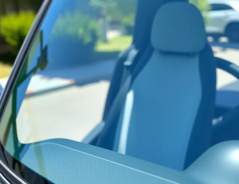 A close-up shot of a Canoo Lifestyle vehicle with a replaced windshield, showcasing the new glass. The vehicle should be parked outdoors on a sunny day. Focus on the clarity and quality of the replacement windshield.