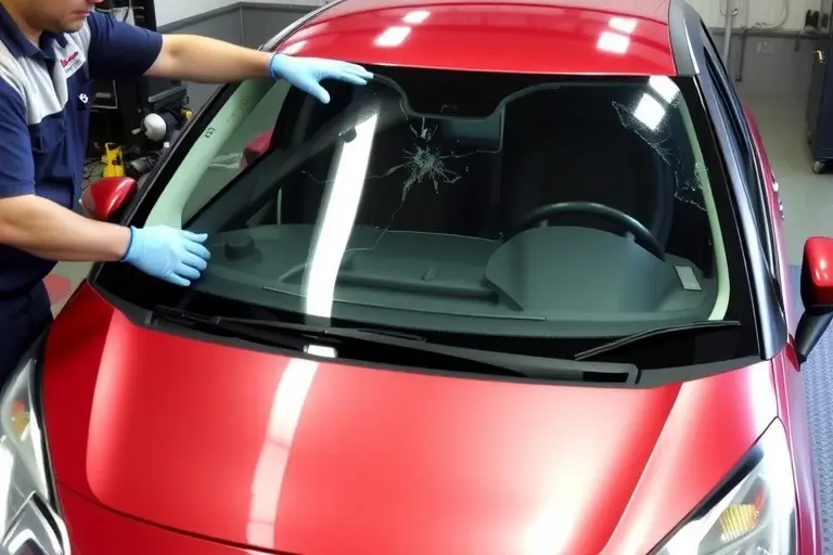 A mechanic in a garage, wearing gloves, carefully installing a new windshield on a Citroën DS3 1.6 THP 150 hp (2009-2015). The scene shows the car's front, the old cracked windshield removed, the new clear glass being fitted, with tools and a protective film. The focus is on the precision of the replacement process, with the car's front profile visible, the mechanic's hands, and the new windshield in place.