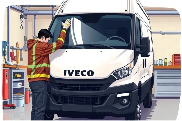 A detailed illustration of a mechanic replacing the windshield of an Iveco Daily 3.0 diesel 180 hp van (2014 model). The scene shows the van in a workshop, the mechanic wearing gloves and a protective jacket, using a windshield removal tool to remove the old glass, and carefully installing the new windshield. The background includes workshop tools, a workbench, and a light source illuminating the vehicle. The image focuses on the mechanical process, the van's front, and the tools used.