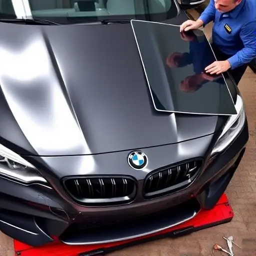 A detailed close-up of a BMW M2 F87 (2015-2018) windshield replacement in progress, showing the car's front with the old windshield partially removed, a technician holding a new windshield, tools on a workbench, no text or logos