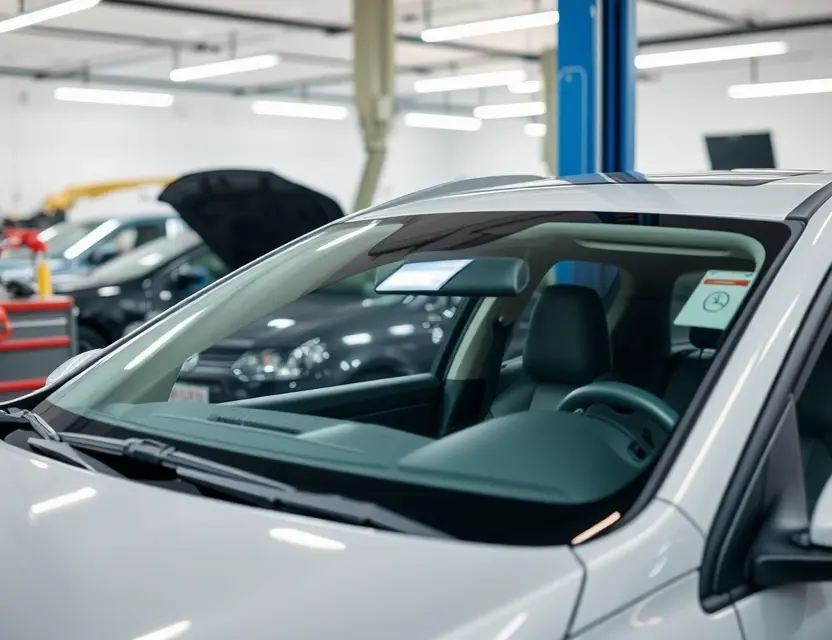 A modern automotive service center showing a professional technician replacing a car windshield, with tools and equipment neatly arranged, clean and well-lit environment, no people in the background, focus on the windshield replacement process