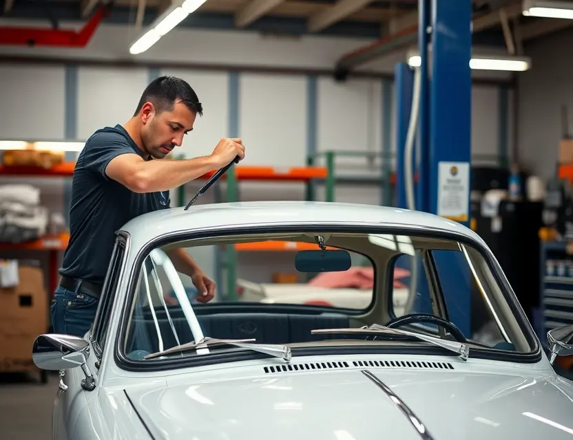 A professional automotive service center showing a technician carefully replacing a windshield on a classic AC Ace car, with clean tools and equipment visible, well-lit indoor garage setting, high attention to detail, no people other than the technician, no text or logos