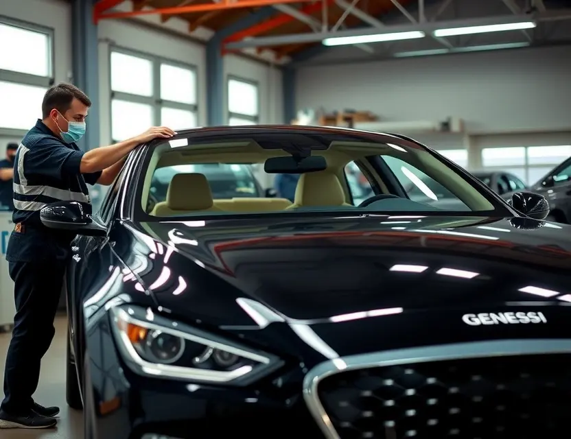 Замена лобового стекла Genesis G80 A professional auto repair scene showing the replacement of the windshield on a Genesis G80. The car should be in a well-lit garage with a technician carefully removing the old windshield and preparing to install a new one. The technician should be wearing appropriate safety gear, and the car should be positioned in a way that highlights the windshield replacement process.