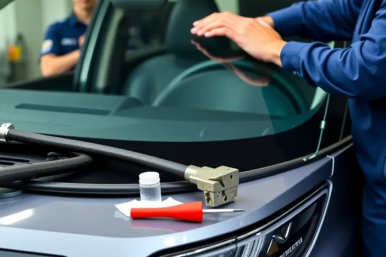 A close-up of a mechanic replacing the windshield of a JAC J7 1.5 Turbo 2020 model, showing the car's front, the new glass panel, tools, and the mechanic's hands in action