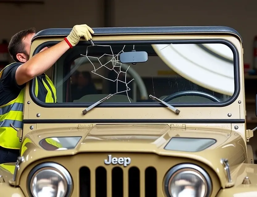A Willys Jeep with a cracked windshield being replaced by a mechanic. The mechanic is wearing a safety vest and gloves, and is using a specialized tool to remove the old windshield. The new windshield is being carefully positioned in place. The background shows a garage or workshop setting.