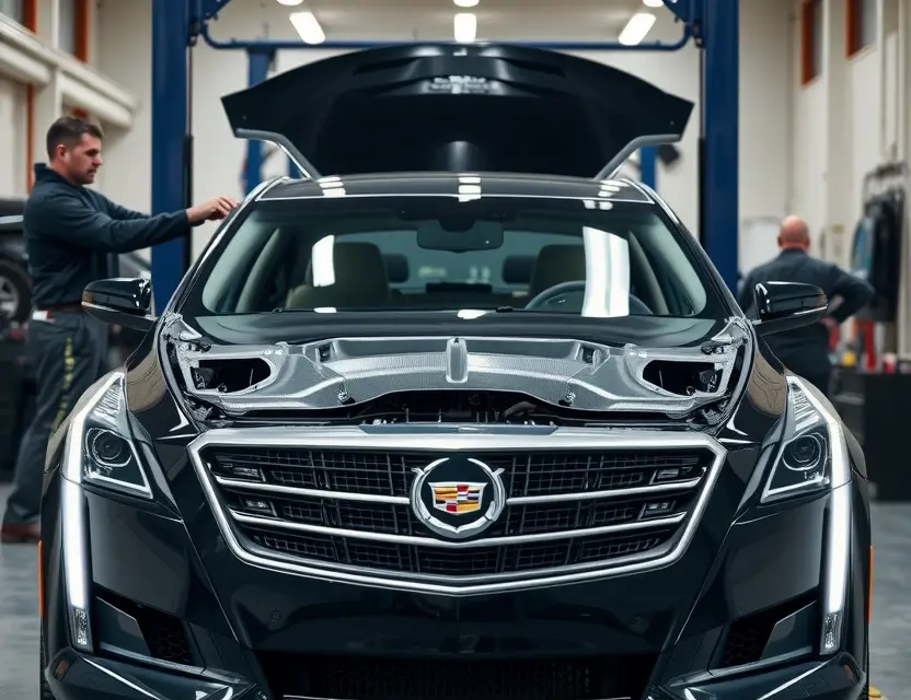 A high-quality, realistic photograph of a Cadillac CTS sedan in a professional auto repair shop, with the front windshield removed to show the empty frame, a technician in workwear preparing to install a new glass panel, bright workshop lighting, clean background, automotive repair context, no text or logos