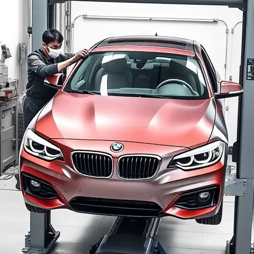 A detailed, realistic depiction of a mechanic replacing the windshield of a BMW 1er F20 2.0 L 245 hp (2016-2019). The scene shows the car on a lift, the old windshield removed, a new clear glass panel being fitted, with tools and a protective cover visible. The focus is on the precision of the replacement, the clear glass, and the car's front profile.